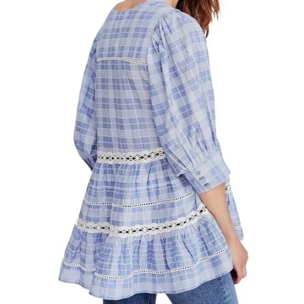 Free People Blue White Plaid Crochet Lace Tiered Babydoll‎ Tunic Top S/P Womens